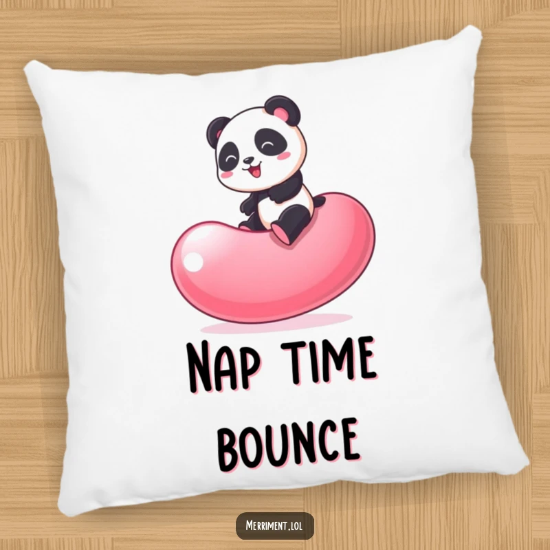 Funny Panda Pillow: Soft cushion with a playful panda bouncing on a giant wobbling jelly bean, adding cute humor.
