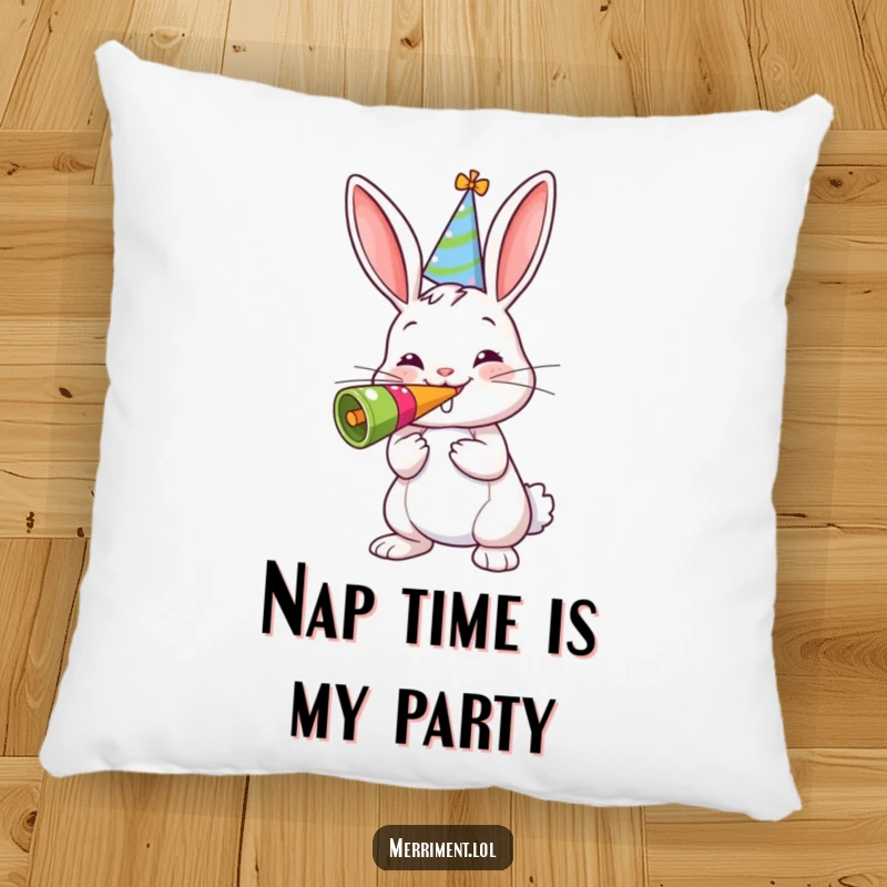 Funny pillow featuring a cheerful bunny in a party hat, blowing a giant noisemaker, designed for ultimate comfort and laughs.