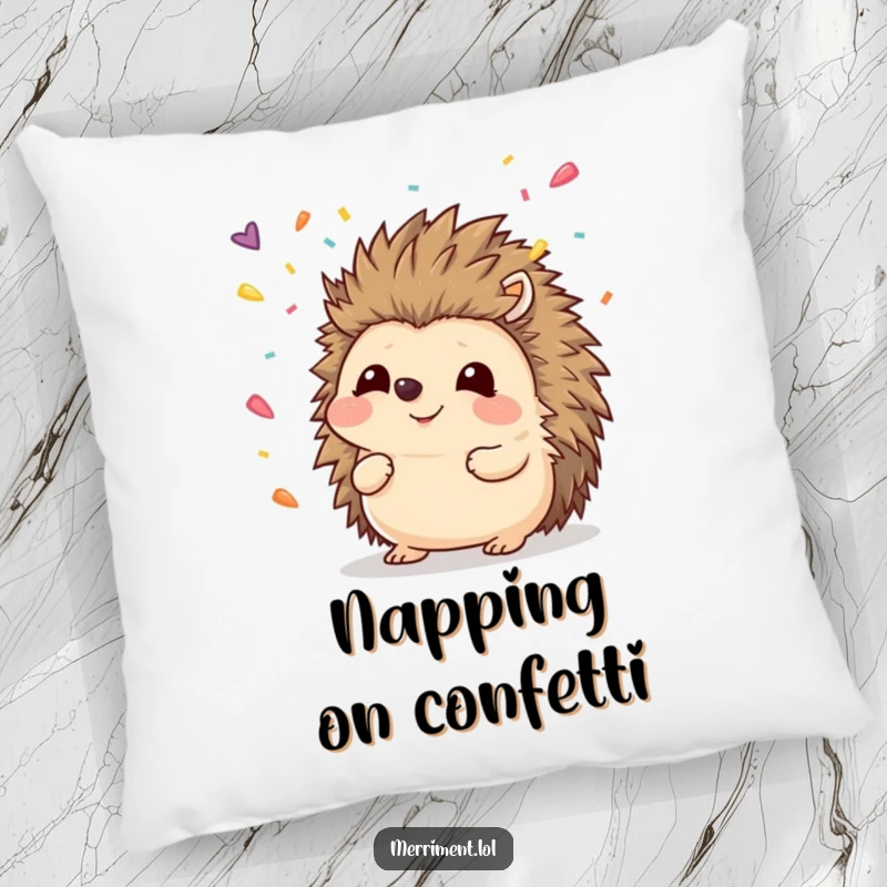 Funny hedgehog pillow with a smiling nose catching colorful confetti, adding a touch of whimsical humor to any room.