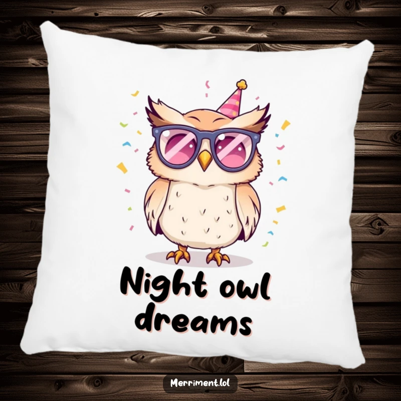 Funny pillow featuring a festive owl in party eyewear, tossing confetti, perfect for adding comfort and a humorous touch.