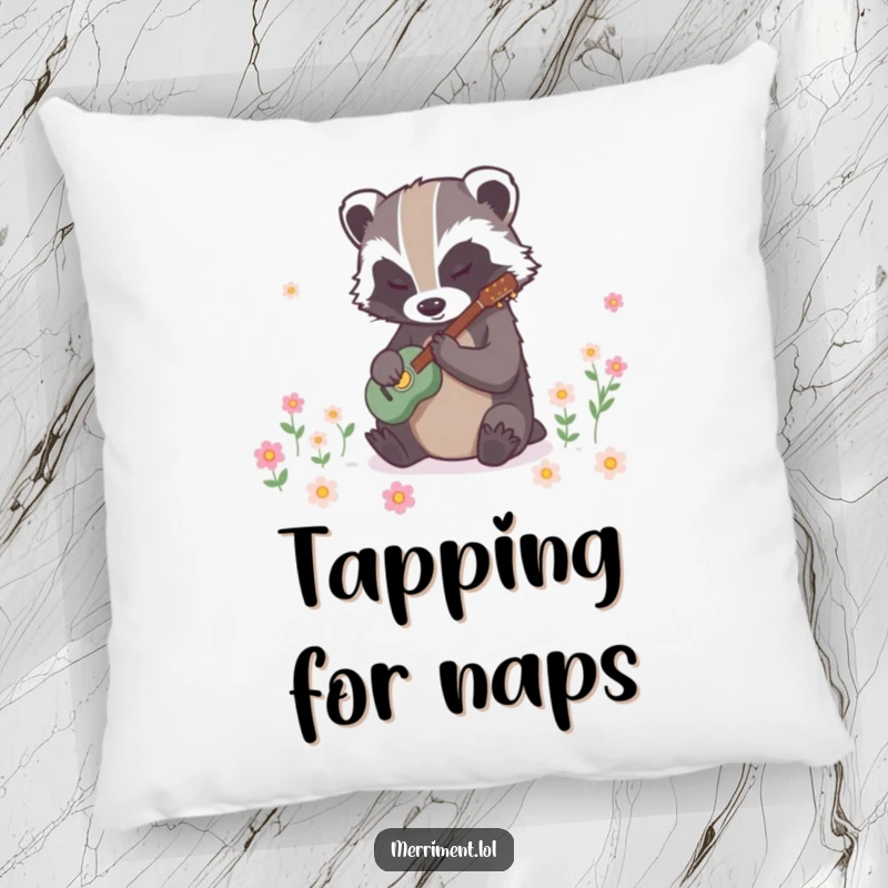 Funny badger pillow with a determined animal tapping its feet to make flowers bloom instantly, a soft and whimsical decor item.