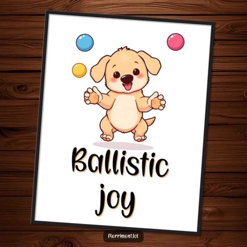 Funny digital art print of a bouncing puppy juggling colorful balls, radiating happiness and playful skill.