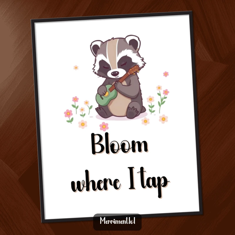 Funny badger digital art print of a determined creature tapping rhythmically to make flowers bloom instantly, offering instant whimsical decor.