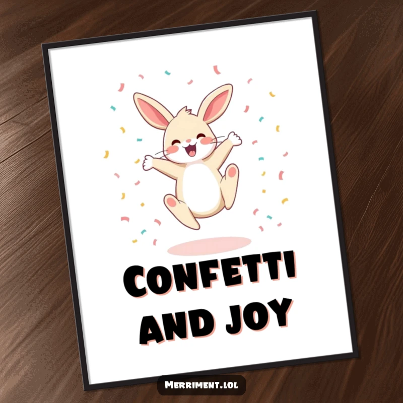 Funny digital art print of a happy bunny doing a cartwheel with confetti, creating a vibrant and joyful visual experience.