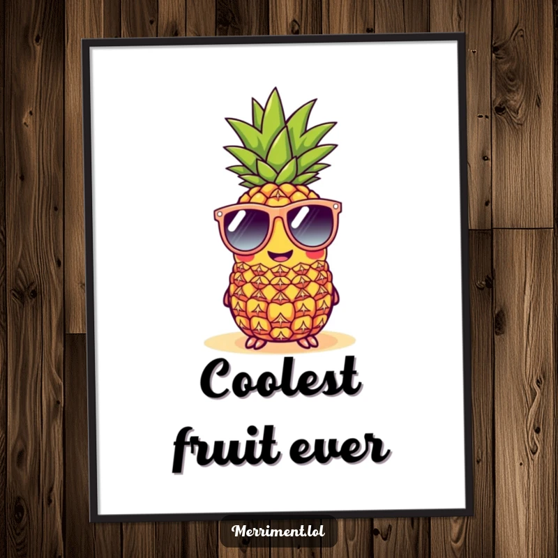 Funny cheerful pineapple digital art print wearing oversized sunglasses at a beach, tropical and humorous illustration.