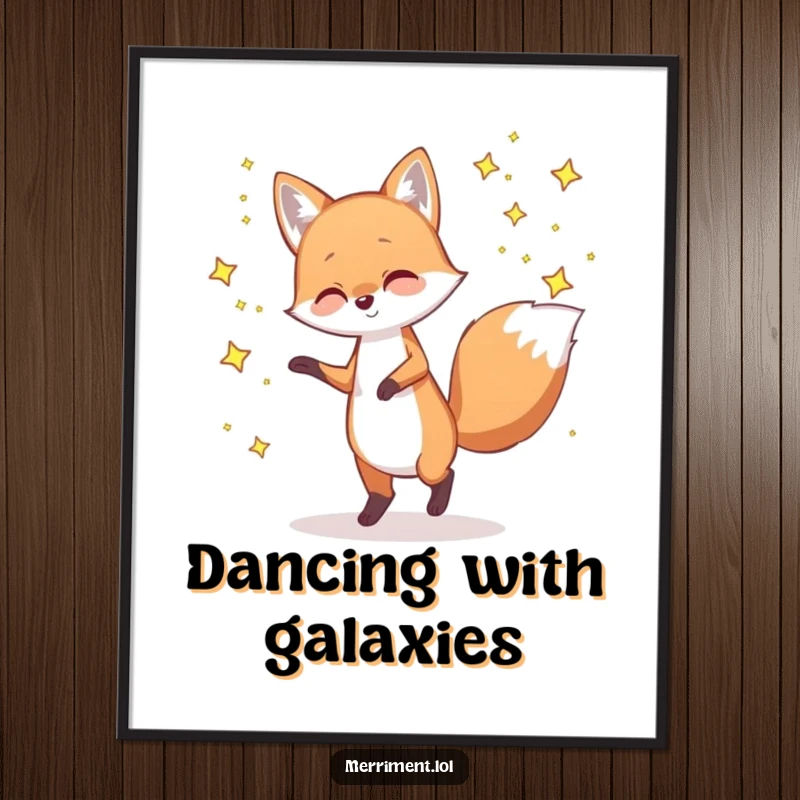 Funny digital art print of a playful fox dancing with tiny, twinkling stars, creating a whimsical and enchanting visual experience.