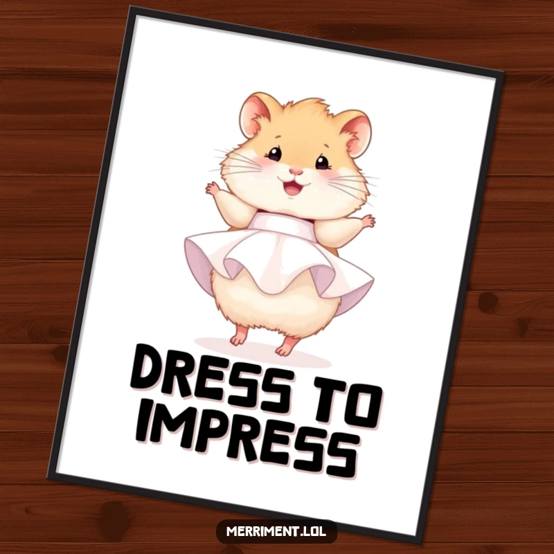 Funny hamster digital art print, a fluffy hamster in a party dress joyfully twirling, adding festive charm to digital art.