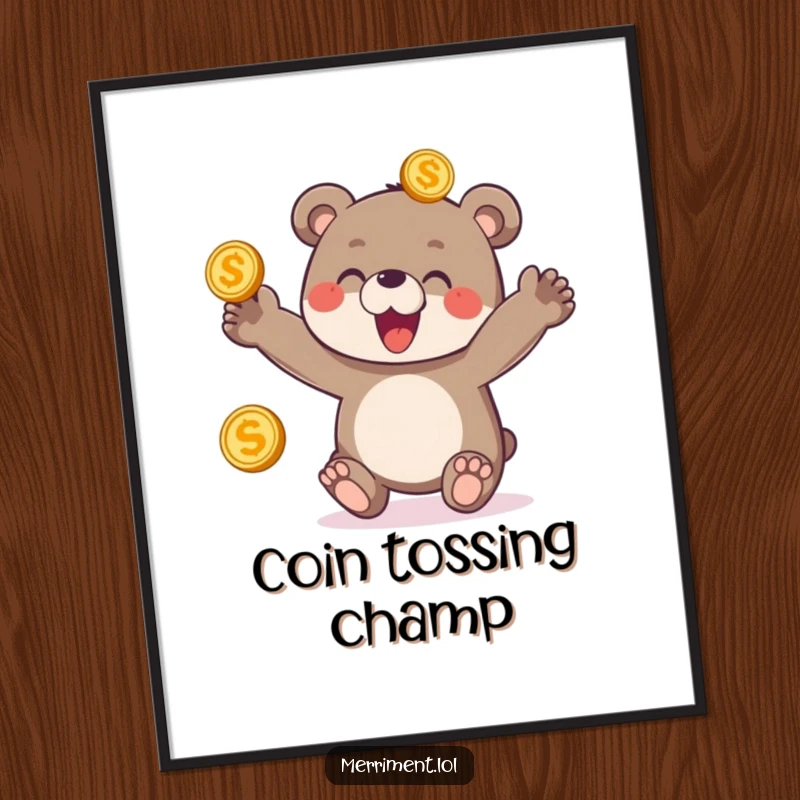 Funny digital art of a delighted bear cub enthusiastically juggling three shiny golden coins, a vibrant image of pure joy.