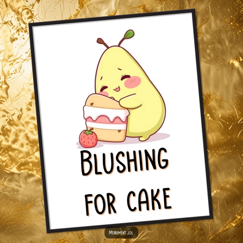 Funny digital art print of a blushing pear character sneaking cake, offering instant sweet humor and decor.