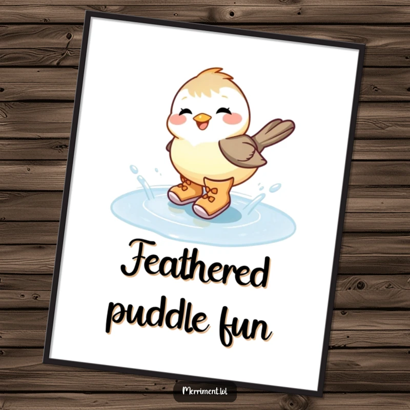 Funny chickadee in oversized boots, joyfully splashing in a puddle, creating whimsical and humorous digital art for instant decor.