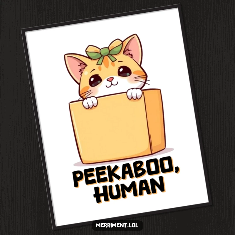 Funny curious cat digital art print, a mischievous kitten peeking from behind a large present, adding humorous charm to digital art.