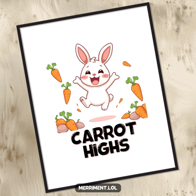 Funny digital art print capturing a delighted rabbit character bouncing with excitement, surrounded by a whimsical and joyful display of floating carrots.