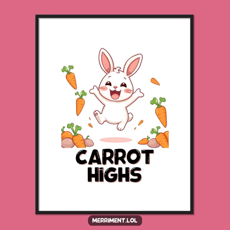 Funny Delighted Rabbit Carrot Digital Art: Joyful Bouncing Print