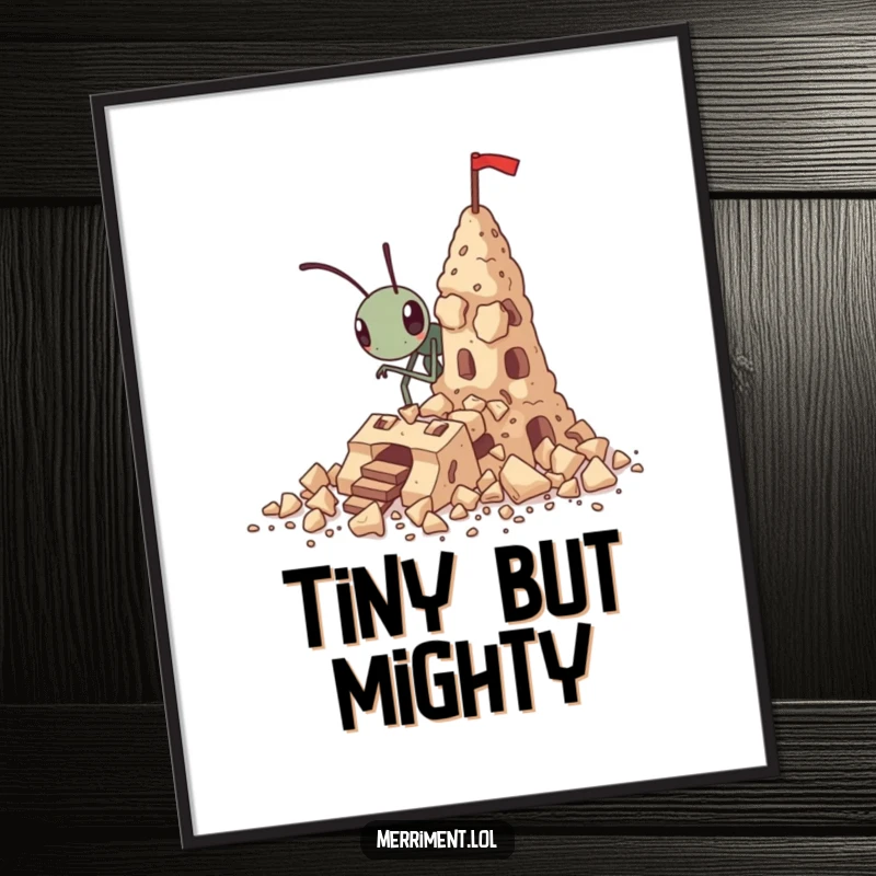 Funny tiny ant digital art print building a fortress out of crumbs, inspiring and humorous illustration.