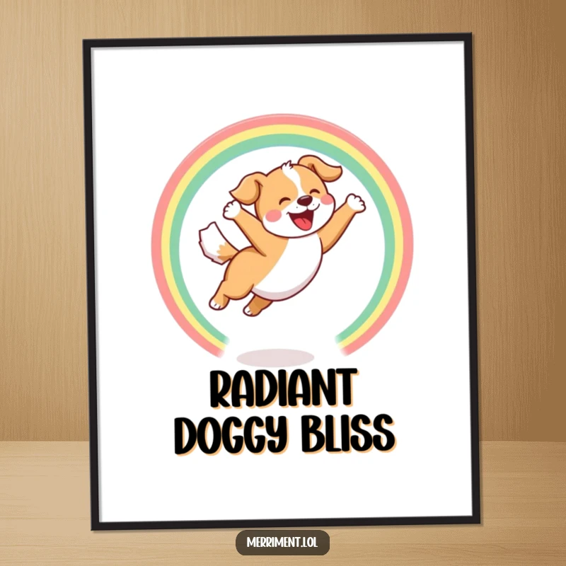 Funny Digital Art Print of a joyful dog leaping through a hoop of rainbows with a happy bark, instant decor.