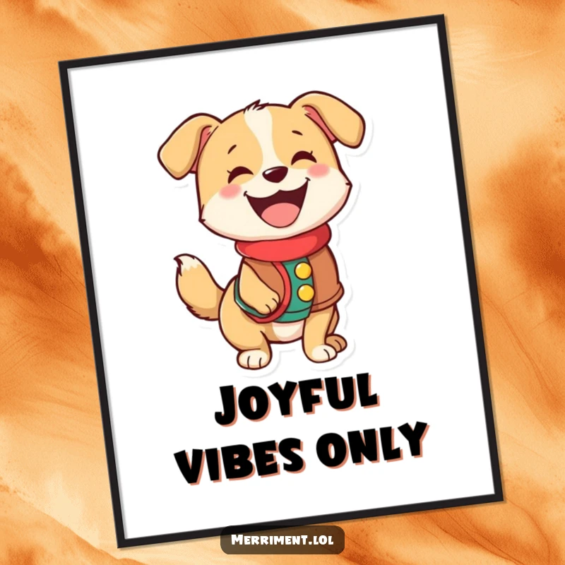 Funny digital art print of a happy dog wearing a festive vest and wagging its tail with pure, unbridled joy.