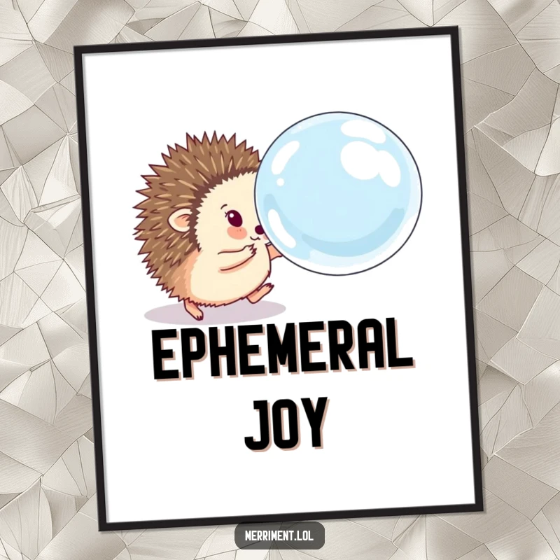 Funny hedgehog digital art print of a fluffy animal eagerly chasing a comically large, bouncing soap bubble, creating a dynamic and humorous artwork.