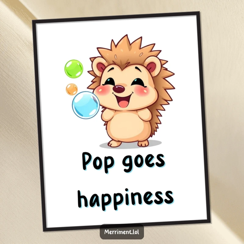Funny hedgehog digital art print, smiling and blowing colorful bubbles, for instant cheerful wall decor and ambiance.
