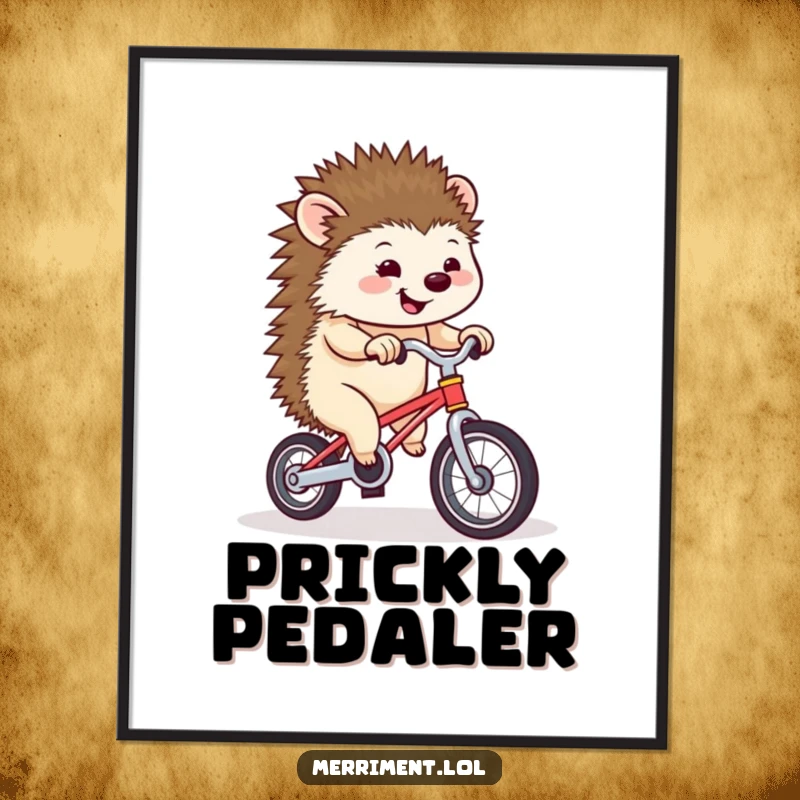Funny hedgehog pedaling uncertainly on a tiny unicycle, creating humorous digital art for instant, quirky wall decor.