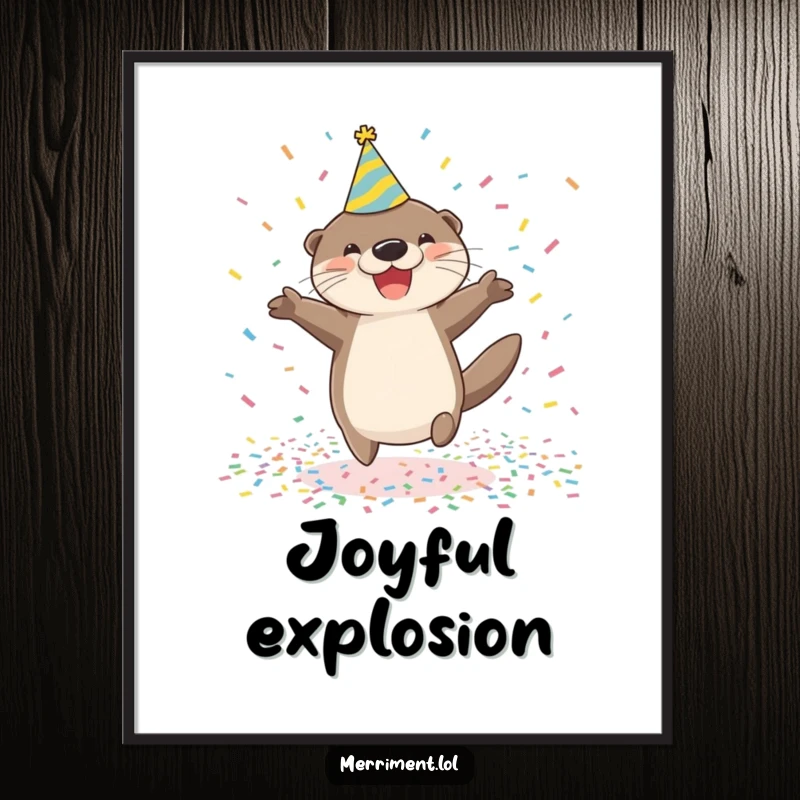 Funny happy otter wearing a party hat jumps joyfully in a pile of confetti, presented as a digital art print for instant festive decor.