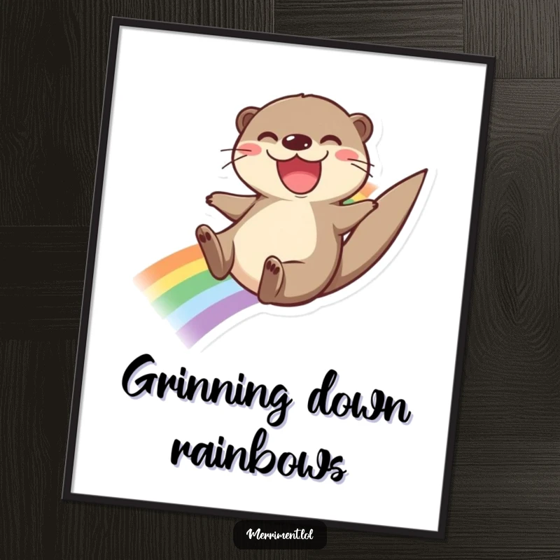Funny digital art print of a joyful otter sliding down a rainbow with a wide grin, creating a vibrant and cheerful visual experience.