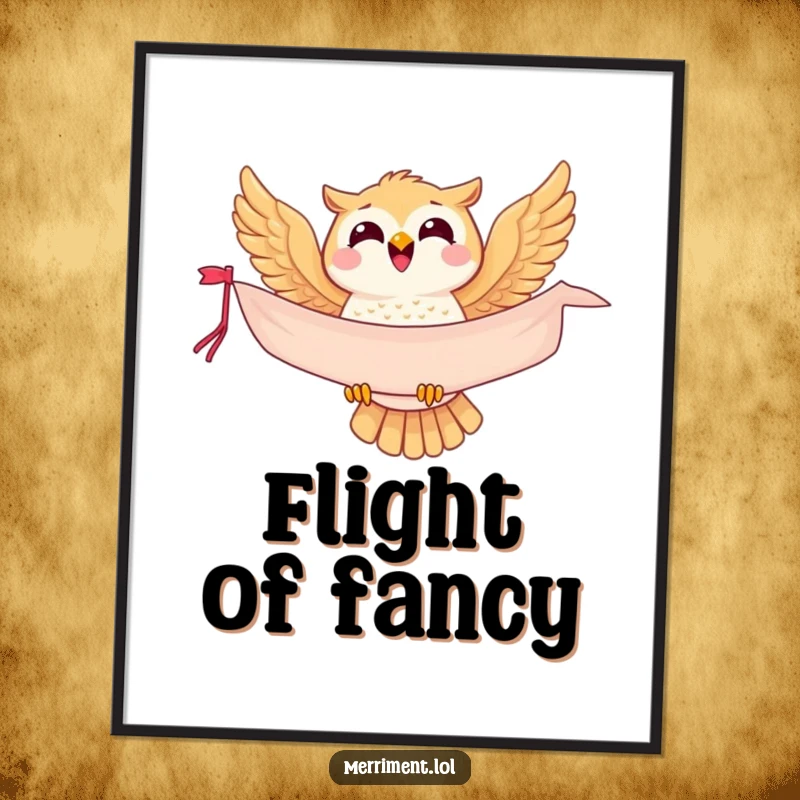 Funny owl digital art print, a joyful bird soaring with a banner, offering instant humor and artistic flair.