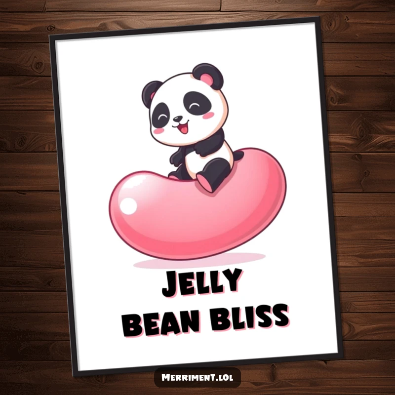 Funny Panda Digital Art: Playful print of a panda bouncing on a giant wobbling jelly bean, instant decor.