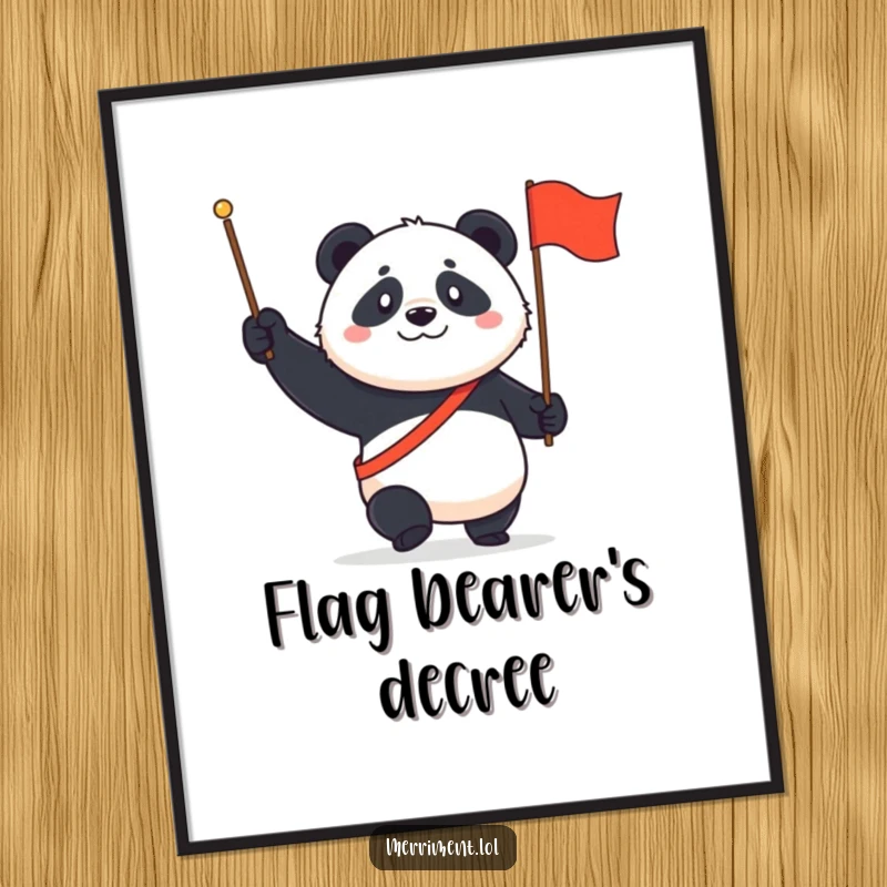 Funny Panda Digital Art Print: A determined panda marches enthusiastically with a tiny flag and a proud, wide grin.