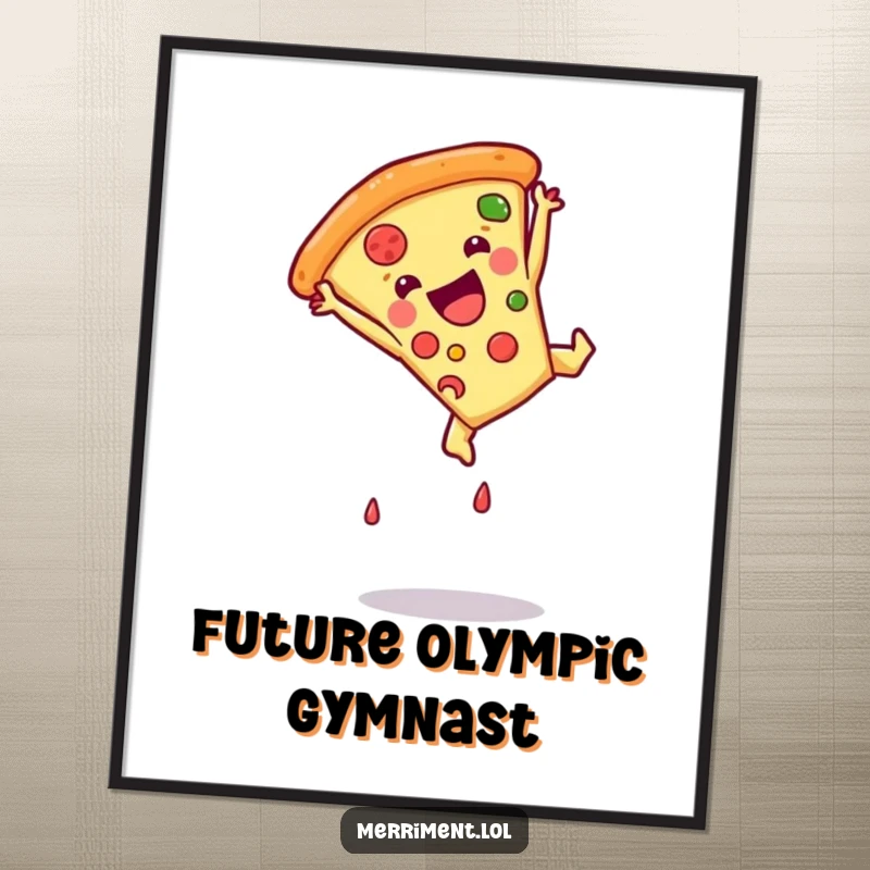 Funny pizza slice performing a somersault in digital art, a vibrant and energetic piece of humorous wall decor.