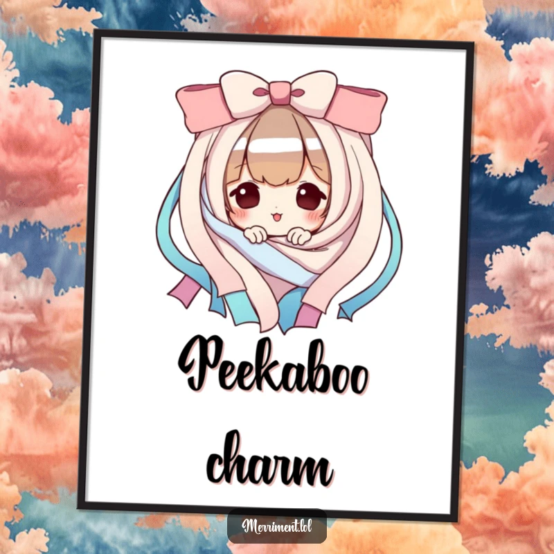 Funny Digital Art Print: A playful character peeks from behind colorful ribbons. Whimsical and a funny gift.