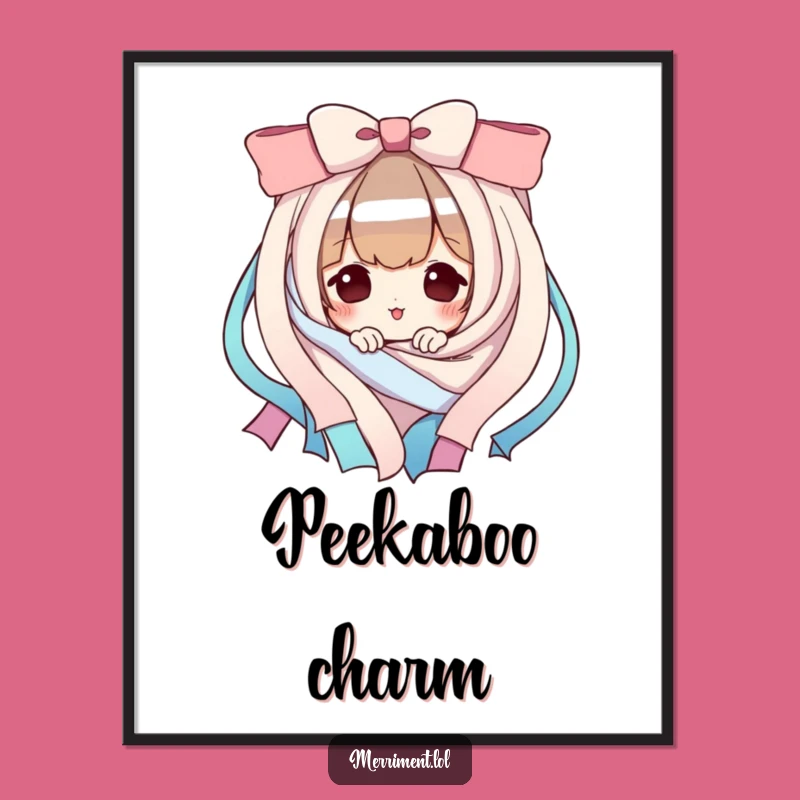 Funny Playful Character Digital Art: Ribbon Peek Print, Perfect Funny Gift