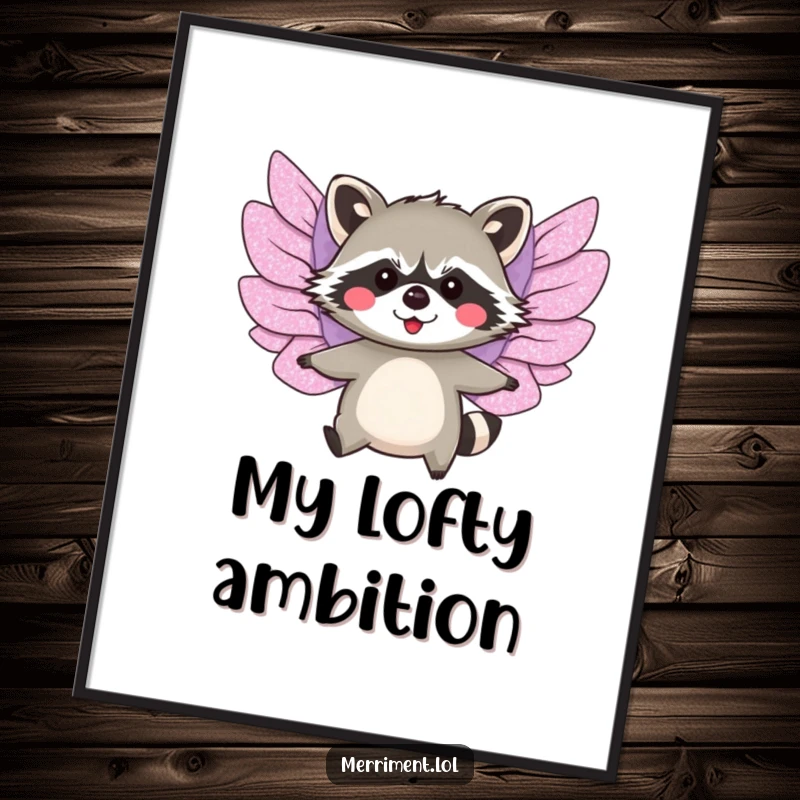 Funny digital art print of a blushing raccoon with large, glittery paper wings attempting to fly.