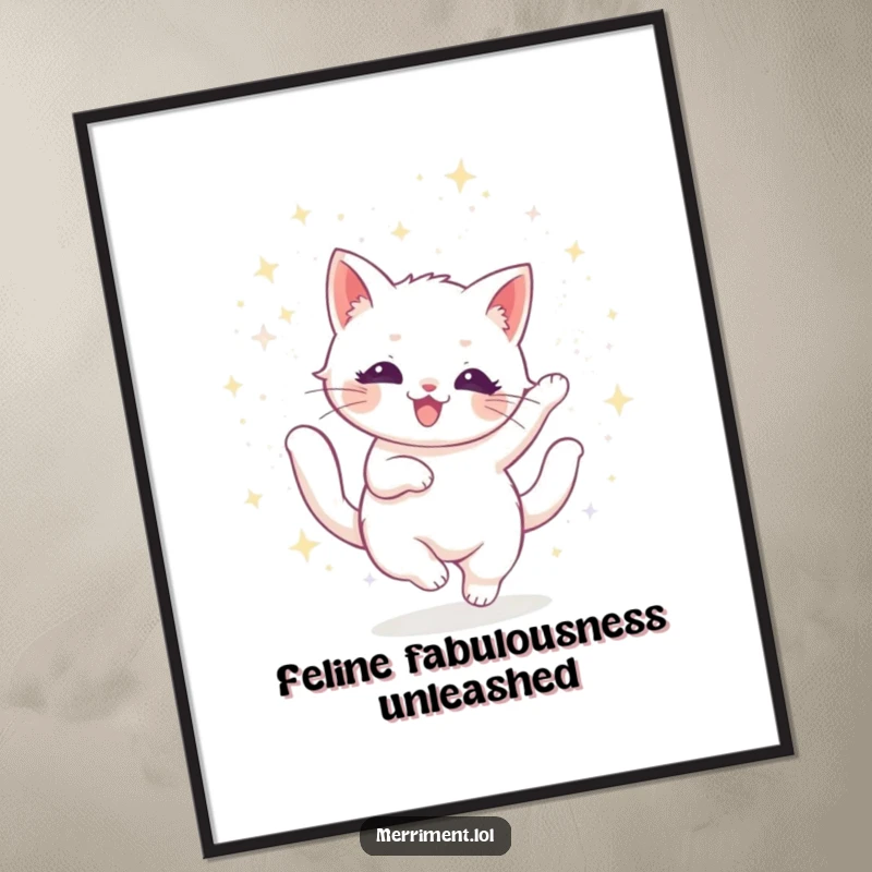 Funny radiant cat digital art print, twirling with glitter, for instant dazzling and humorous wall decor.