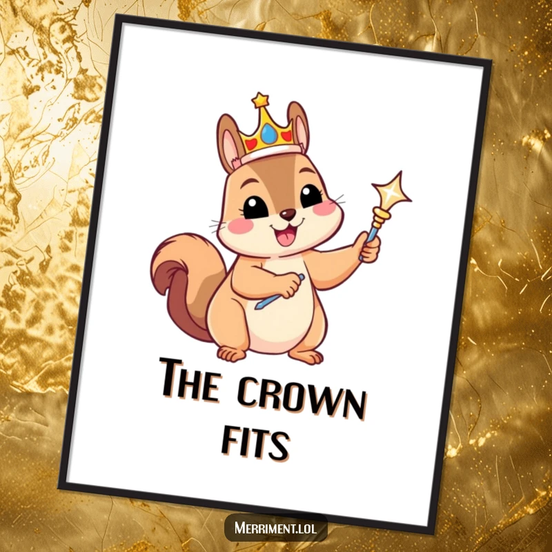 Funny digital art print of a crowned squirrel holding a scepter, radiating regal charm and playful humor for wall decor.