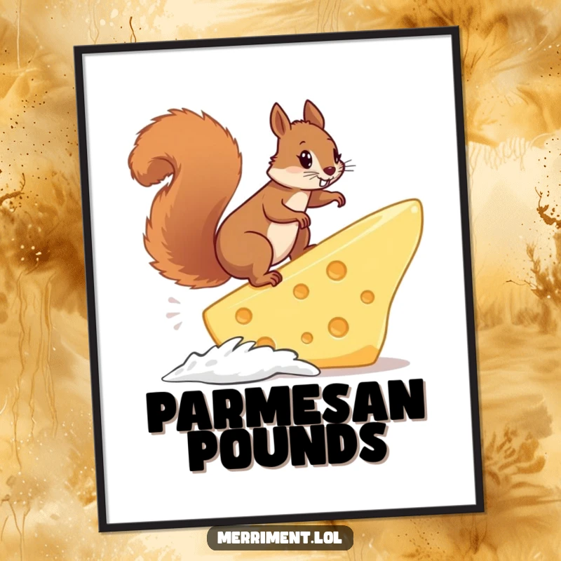 Funny squirrel executing a daring surf on a massive cheese slice, available as a humorous digital art print for instant wall decor.