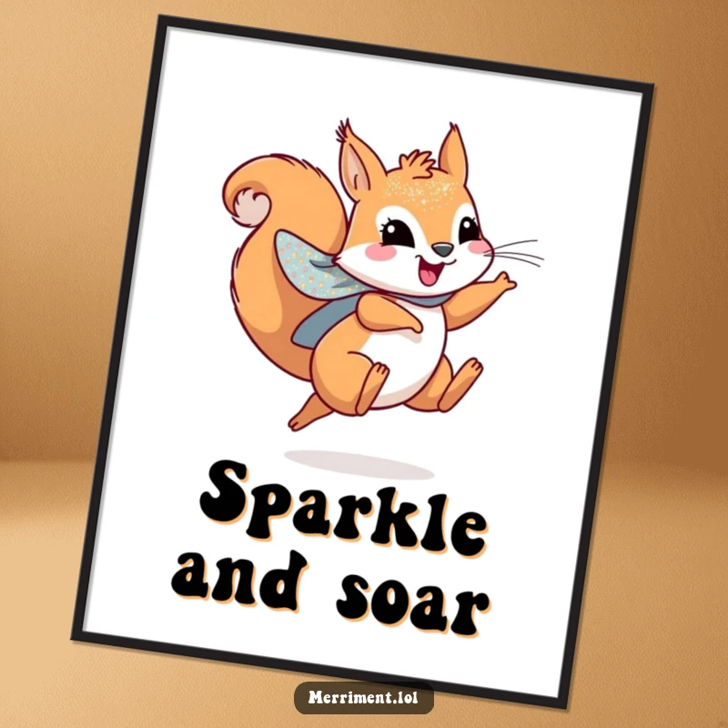 Funny digital art print of a playful squirrel wearing a sparkly cape, leaping joyfully, bringing heroic energy.