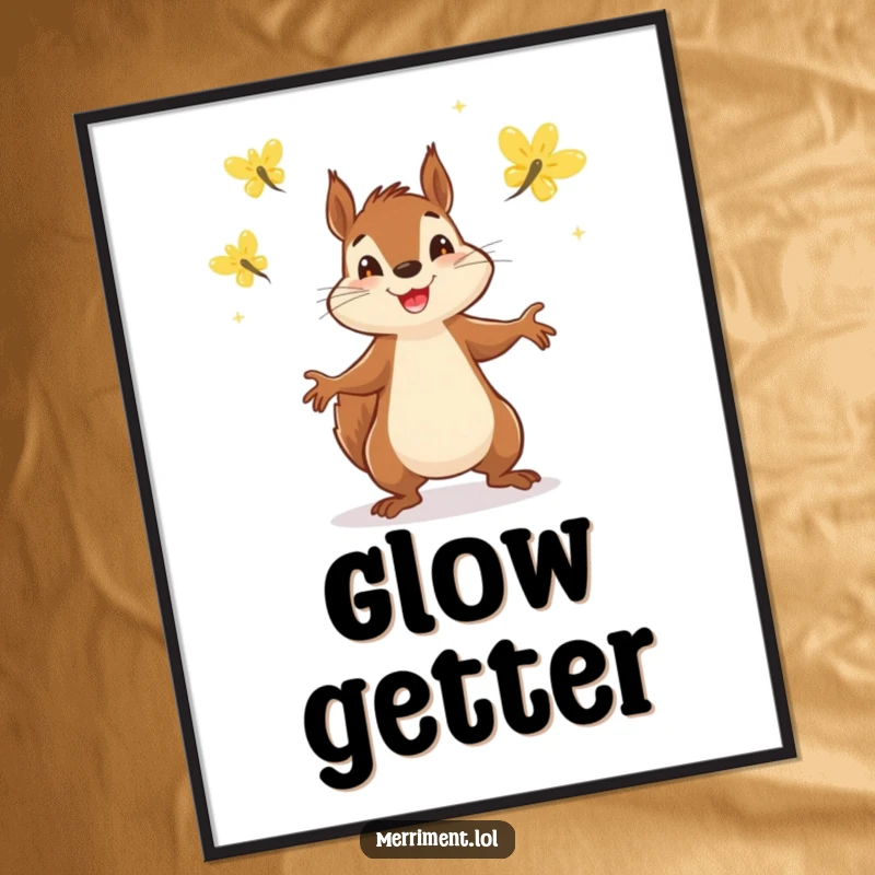 Funny digital art of a determined squirrel juggling three sparkling fireflies with cheerful enthusiasm, a vibrant scene.