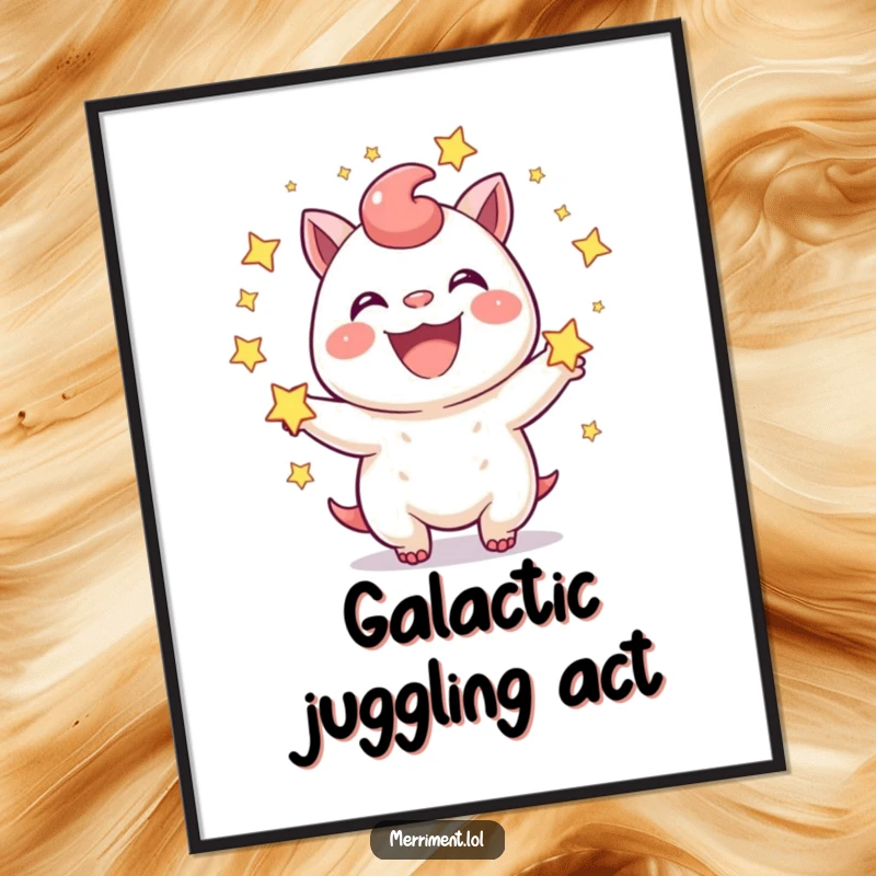 Funny Digital Art Print: A joyful creature with a wide grin juggles sparkling stars. Whimsical and a funny gift.