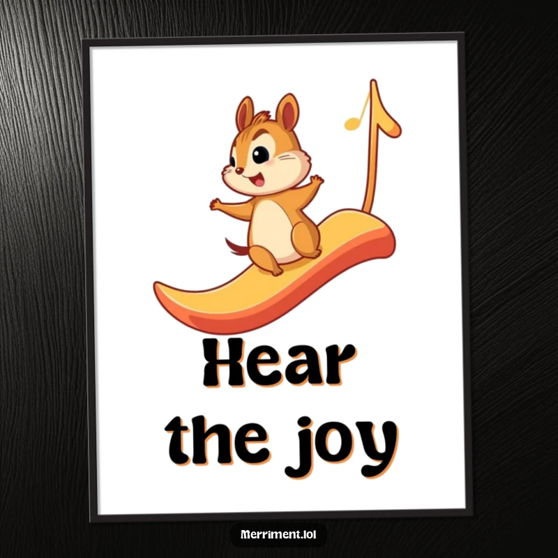 Funny digital art print of a chipmunk joyfully sliding down a large musical note, whimsical and musical wall decor.
