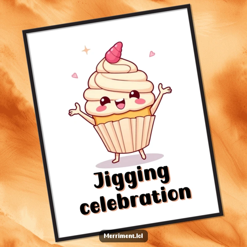 Funny digital art print of a giddy cupcake character doing a celebratory jig, frosting flying, offering instant cheerful decor.
