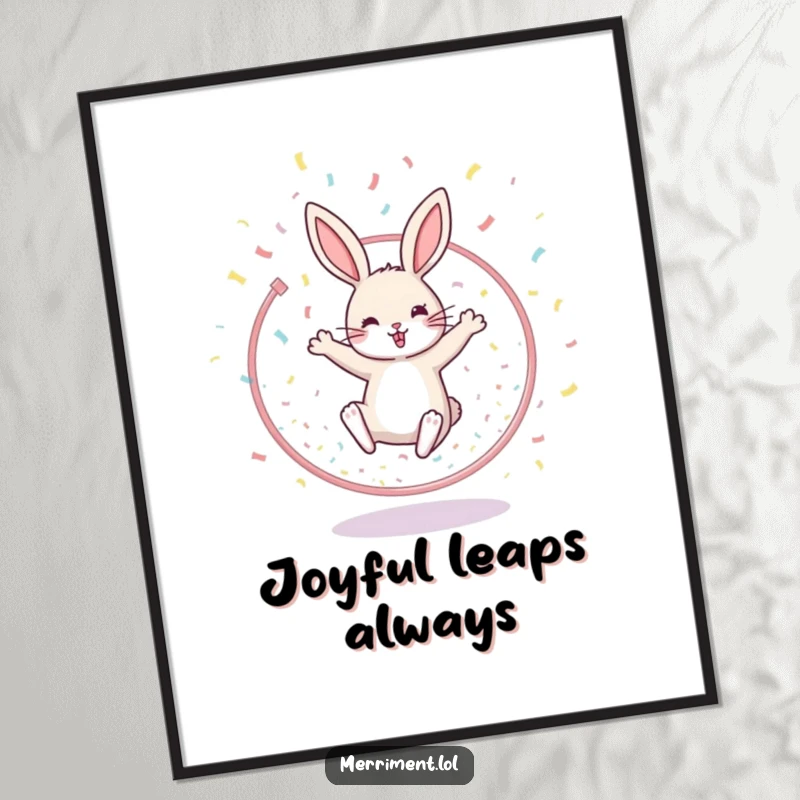 Funny digital art print of a cheerful rabbit triumphantly leaping through a hoop with a spectacular shower of confetti.