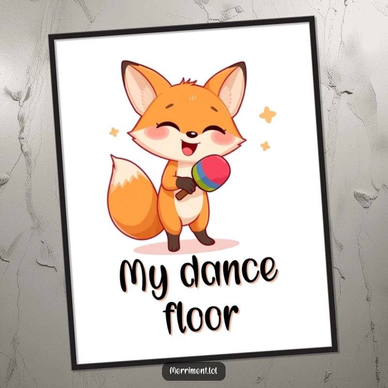 Funny digital art print depicting a giggling fox in a lively dance, shaking oversized maracas, capturing pure unadulterated fun.