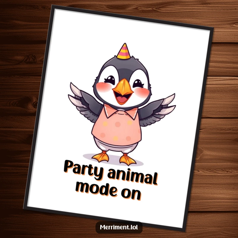 Funny digital art print of a grinning puffin wearing a bright party shirt and hilariously wiggling its wings.