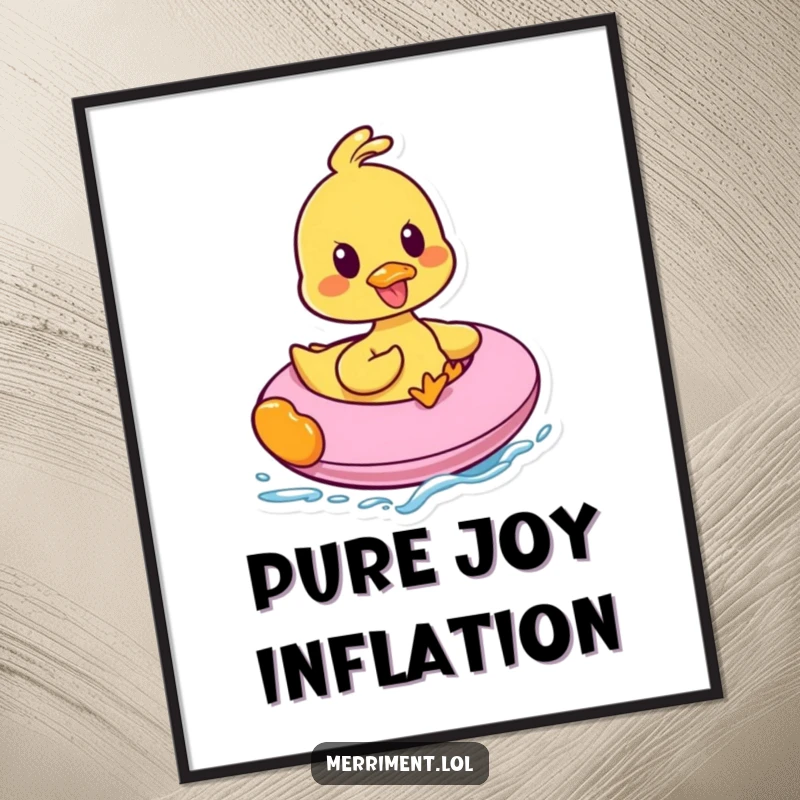Funny digital art print capturing a gleeful duck quacking aloud while joyfully riding a bouncy inflatable, radiating pure fun.