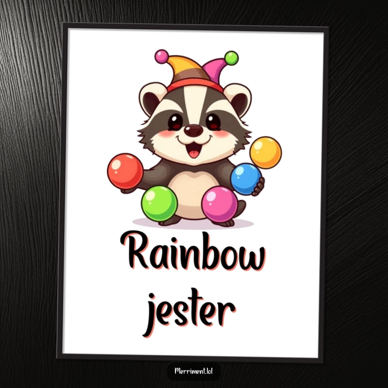 Happy badger wearing a jester hat juggles rainbow-colored balls with a joyful expression, as a high-resolution digital art print.