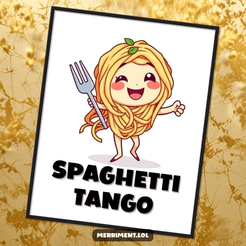 Funny digital art print of spaghetti character doing a tango with a fork, offering instant culinary humor and decor.