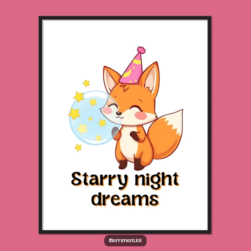 Funny Fox Party Digital Art: Festive Bubble-Blowing Fox Wall Art
