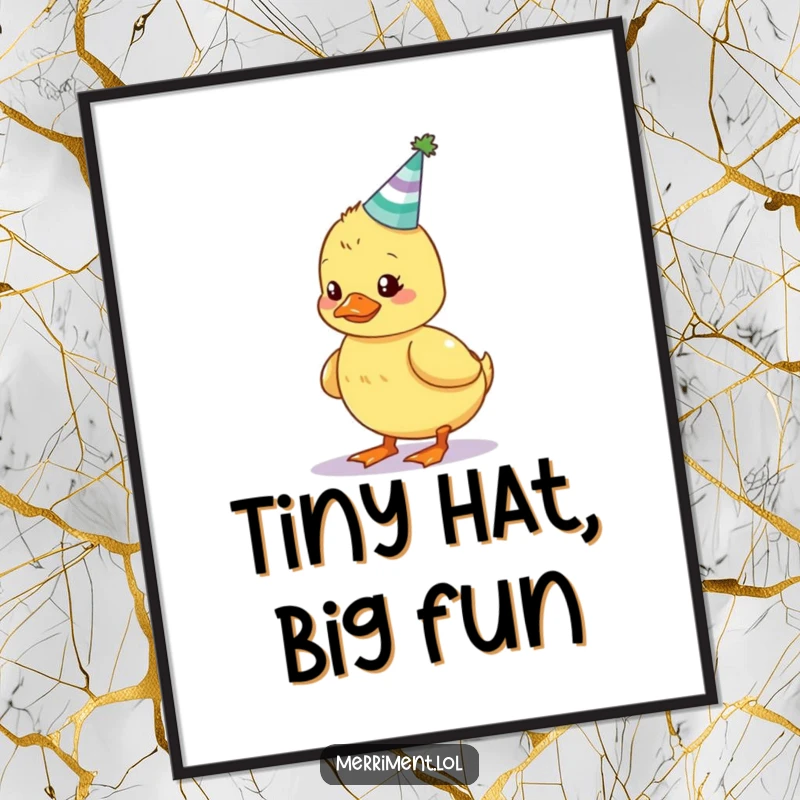 Funny wobbly duckling digital art print, balancing a glowing party hat, for instant humorous and festive wall decor.