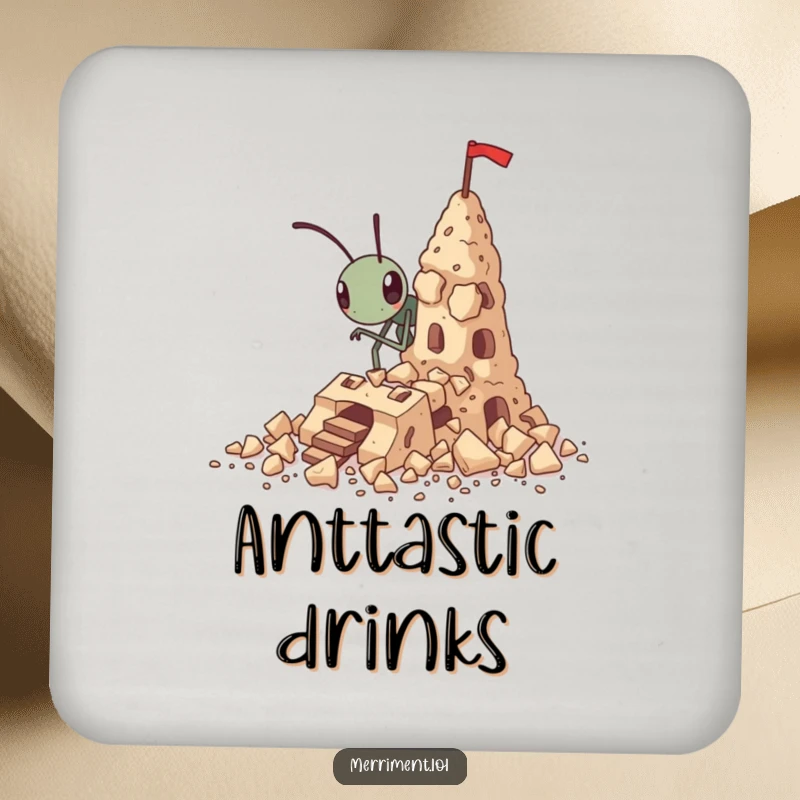 Funny tiny ant drink coasters building a fortress out of crumbs, a humorous and motivational set.