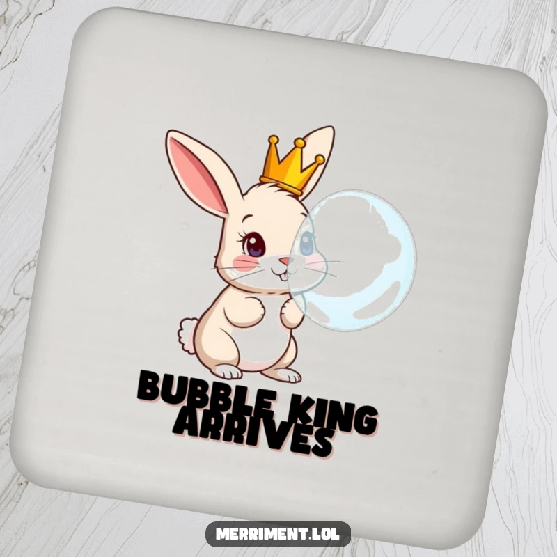 Funny Rabbit Coaster: Protects surfaces with a curious crowned rabbit comically blowing a large bubble.